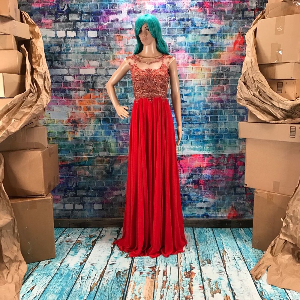 JOVANI Red Embellished Illusion Gown! #JVNX114